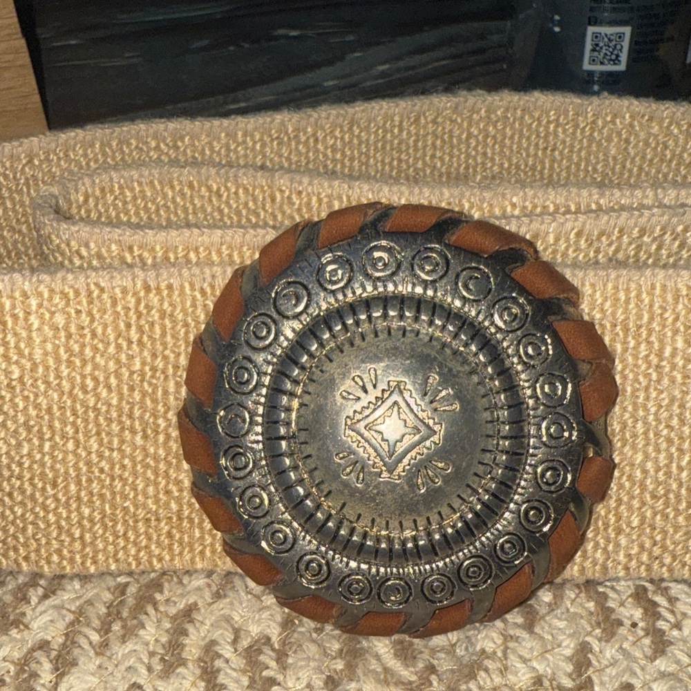 Concho Beige Textured Belt with Intricate Metal Buckle Made in USA